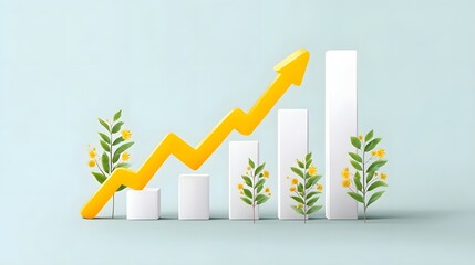 A stylized financial chart with a rising yellow arrow and vibrant green plants with yellow flowers conveying concepts of economic growth investment and business success