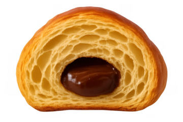 Chocolate croissant cross-section showing flaky texture and melted filling on transparent background