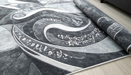 Abstract Gray Rug with Swirling Patterns and Rolled Edge.