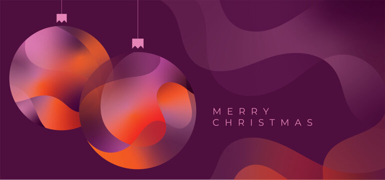 Baubles and Merry Christmas Modern Banner Card with Dynamic and Smooth Flowing Gradient Shapes in Plum, Light Pink and Vibrant Orange