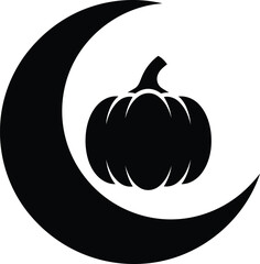 Black silhouette of a crescent moon embracing a pumpkin