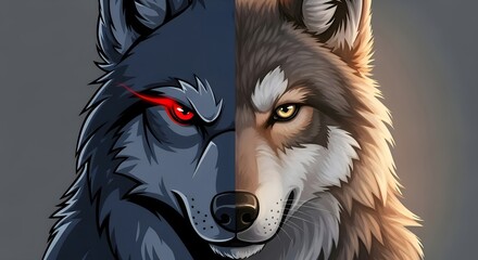 Naklejka premium Dualistic Wolf A Striking Illustration of Good and Evil, Contrasting Sides, and Symbolic Imagery