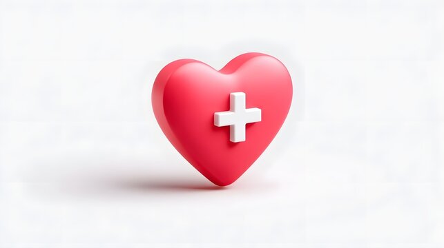 This 3D rendered icon depicts a glossy red heart adorned with a white medical cross symbolizing health wellness and the importance of medical care