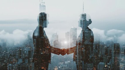 A double exposure image of two figures shaking hands silhouetted against a vast modern cityscape at dusk with fog - Powered by Adobe