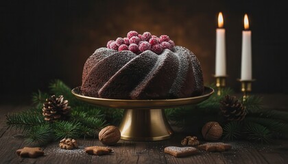 Chocolate bundt cake with berries on festive holiday table
