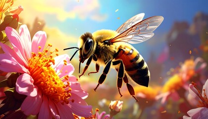 A close-up macro shot of a bee collecting nectar from a vibrant pink flower in a sunlit garden.