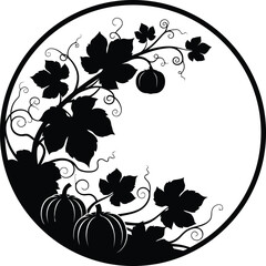 Black silhouette of pumpkins and vines within a circle