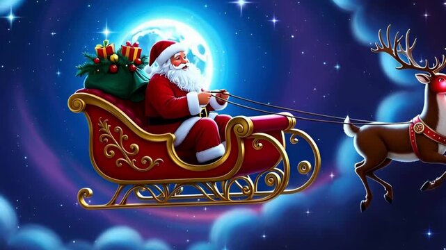Santa Claus flying across night sky on sleigh with reindeer, glowing moon behind him, magical spark trails, fantasy 