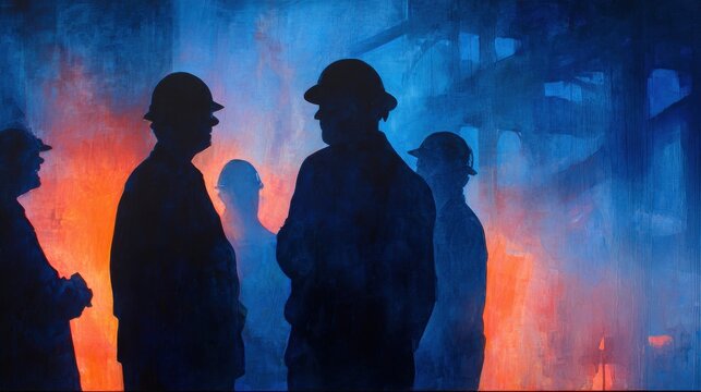 silhouetted figures in hard hats stand facetoface against a backdrop of mixed blue and orange light exuding an air of camaraderie and shared purpose in their industrial environment