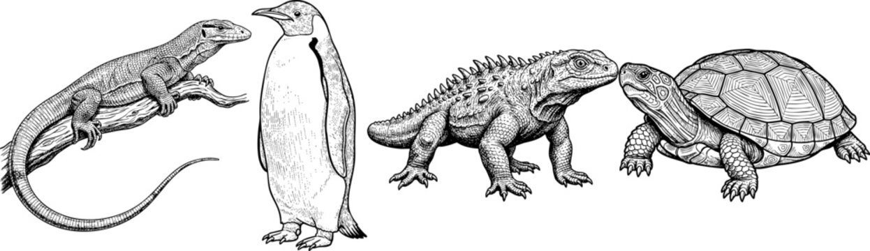 Diverse Reptiles and Bird Illustration Vintage Style