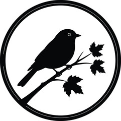 Black silhouette of a bird perched on a tree branch with leaves inside a circle