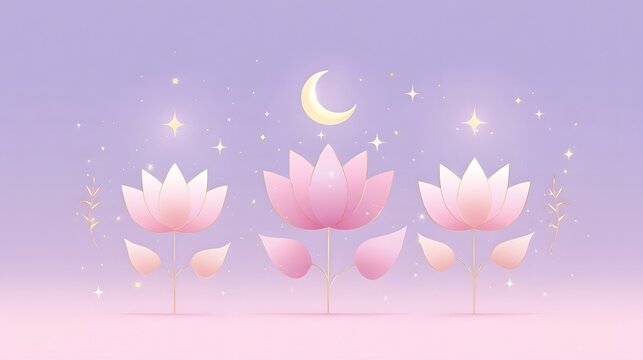 Ethereal illust n of delicate pink lotus blossoms under a soft crescent moon and shimmering stars evoking a serene magical night sky atmosphere