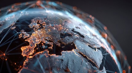 a digitally glowing earth globe interconnected with network lines representing the concept of global patent procurement outsourcing in an advanced business environment