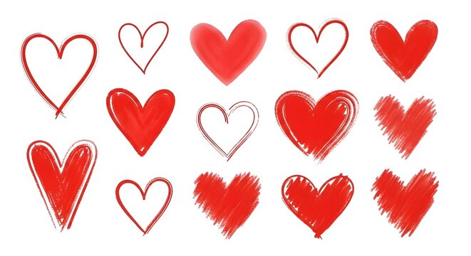 Hand Drawn Red Hearts Set. Variety of Brush Stroke Styles, Watercolor, Grunge and Ink for Valentine's Day, Romantic Design, and Seamless Patterns.

