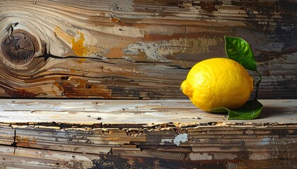 A single ripe lemon with green leaves rests on a rustic wooden surface, bathed in soft light.