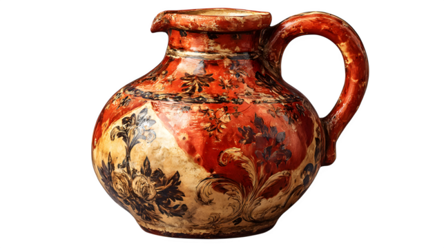 Antique majolica pitcher, isolated on transparent background