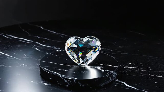 Heart shaped crystal diamond sparkling with rainbow light reflections on black marble podium