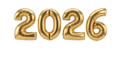 A set of shiny golden foil balloons clearly displays the year 2026, making a festive transparent png isolated graphic for celebration design.