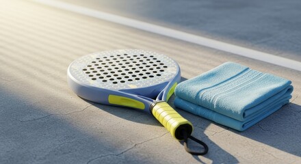 Padel racket and blue towel on outdoor court with warm sunlight, sports equipment concept, fitness lifestyle detail