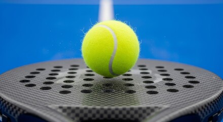 Close-up yellow tennis ball bouncing above carbon padel racket on blue court, sharp sports detail, dynamic action shot
