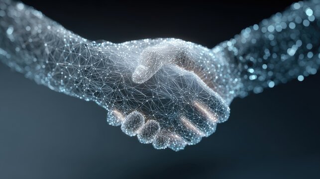digital handshake representing online agreement and partnershipfuturistic lowpoly wireframe of two hands shaking symbolizing digital collaboration virtual business deals and secure online agree