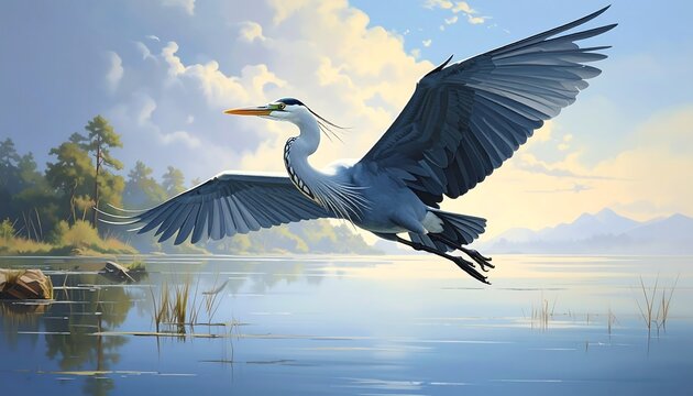 A majestic grey heron in flight over a serene lake at sunrise. - Powered by Adobe