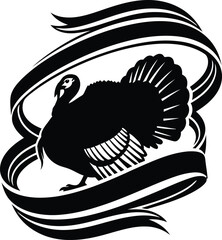 Black silhouette of a turkey with a decorative ribbon
