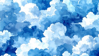 Abstract Blue Sky Clouds Watercolor Painting.