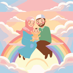 Smiling Muslim Couple on Rainbow – Colorful Cartoon Art