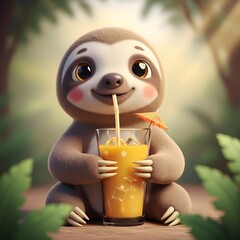 Naklejka premium An incredibly cute and happy sloth relaxes in a tropical forest, savoring a delicious glass of fresh juice with a tiny umbrella
