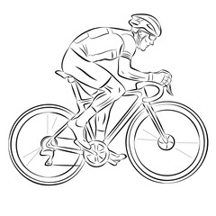 isolated illustration of a rider on bike, black and white vector drawing, white background