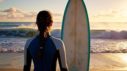 A solitary individual in a sleek wetsuit stands contemplatively on a sandy beach, gazing out at the magnificent ocean as powerful waves crash against the shore. A surfboard rests upright beside them, - Powered by Adobe