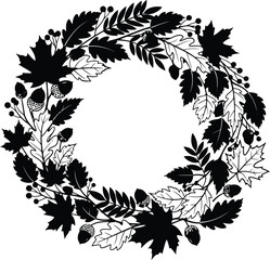 Black silhouette autumn wreath with maple leaves and acorns
