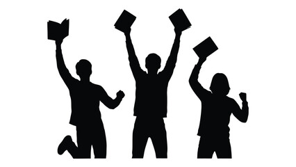 Triumphant students silhouettes isolated on white background, Vector