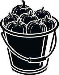 Black and white illustration of a bucket full of pumpkins