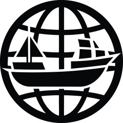 Silhouette of a trade ship sailing on a globe