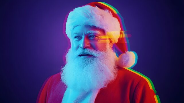 Christmas Cyberpunk Santa Claus Portrait, Glitch Art Effect, Neon Lights, Abstract Digital Art & Modern Holiday Concept – Vibrant Retrowave Style, Generative AI, Stock Photography, Blue & Purple Tones