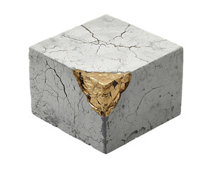 Cracked concrete cube revealing golden nugget abstract concept.