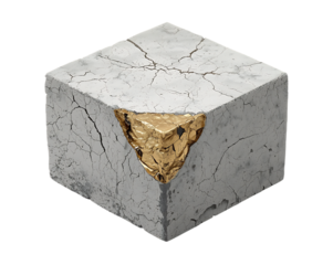 Cracked concrete cube revealing golden nugget abstract concept.