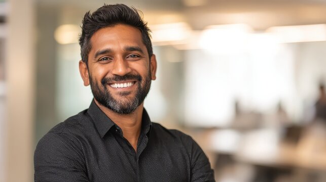 happy smiling bearded indian business man small business owner company leader or sales manager male hispanic ceo executive successful lawyer looking at camera standing in office headshot portrait