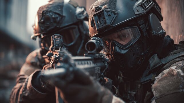 Soldiers aiming rifles outdoor tactical