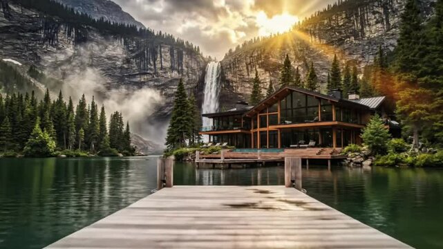 A stunning view from a wooden pier over a calm lake towards a modern luxury house nestled amidst towering evergreen trees. A powerful waterfall cascades down majestic mountains in the background, illu