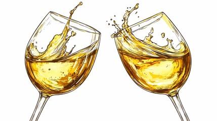 Two stemmed glasses of white beverage collide creating an energetic splash