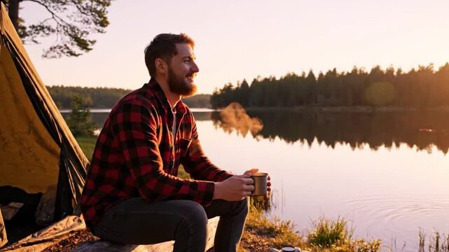 A tranquil outdoor scene captures a bearded individual enjoying a peaceful moment by a serene lake at sunrise or sunset. The man, clad in a red plaid shirt, sits comfortably on a wooden log beside his