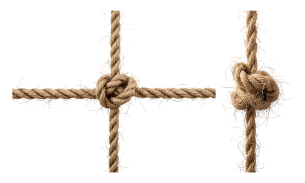 Natural fiber rope with decorative knots creating a grid pattern