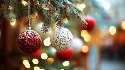 Close-up of Christmas tree decorations with red and white ornaments on evergreen branch, blurred lights in background creating warm festive vibe for holiday decor and seasonal themes.