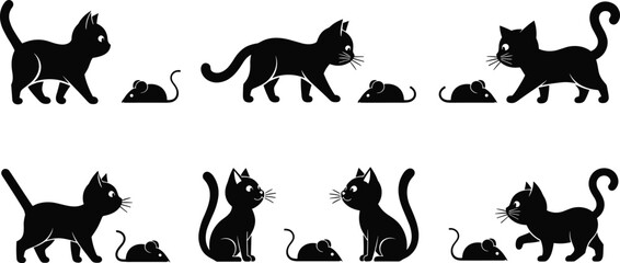 Black cat and mouse vector silhouette icon set, feline pet animal walking and sitting next to small rodent, simple cartoon illustration.