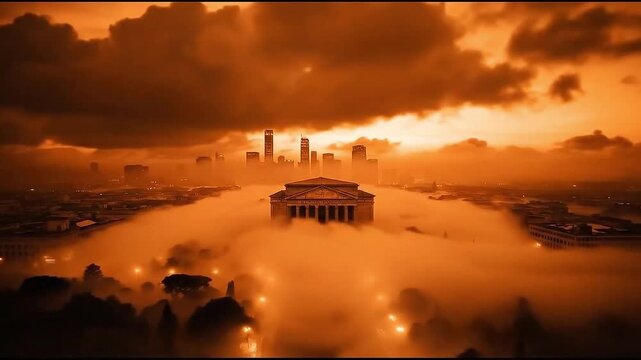 Orange fog engulfs classic building and modern city skyline at night