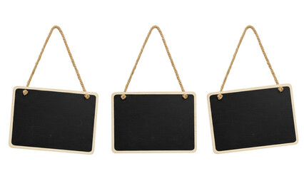 Set of chalkboard signs with rope hangers displayed at varied angles on a single line, creating an uneven, casual, and rustic arrangement