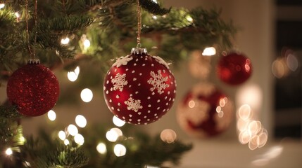 Close-up of Christmas tree decorations with red and white ornaments on evergreen branch, blurred lights in background creating warm festive vibe for holiday decor and seasonal themes.